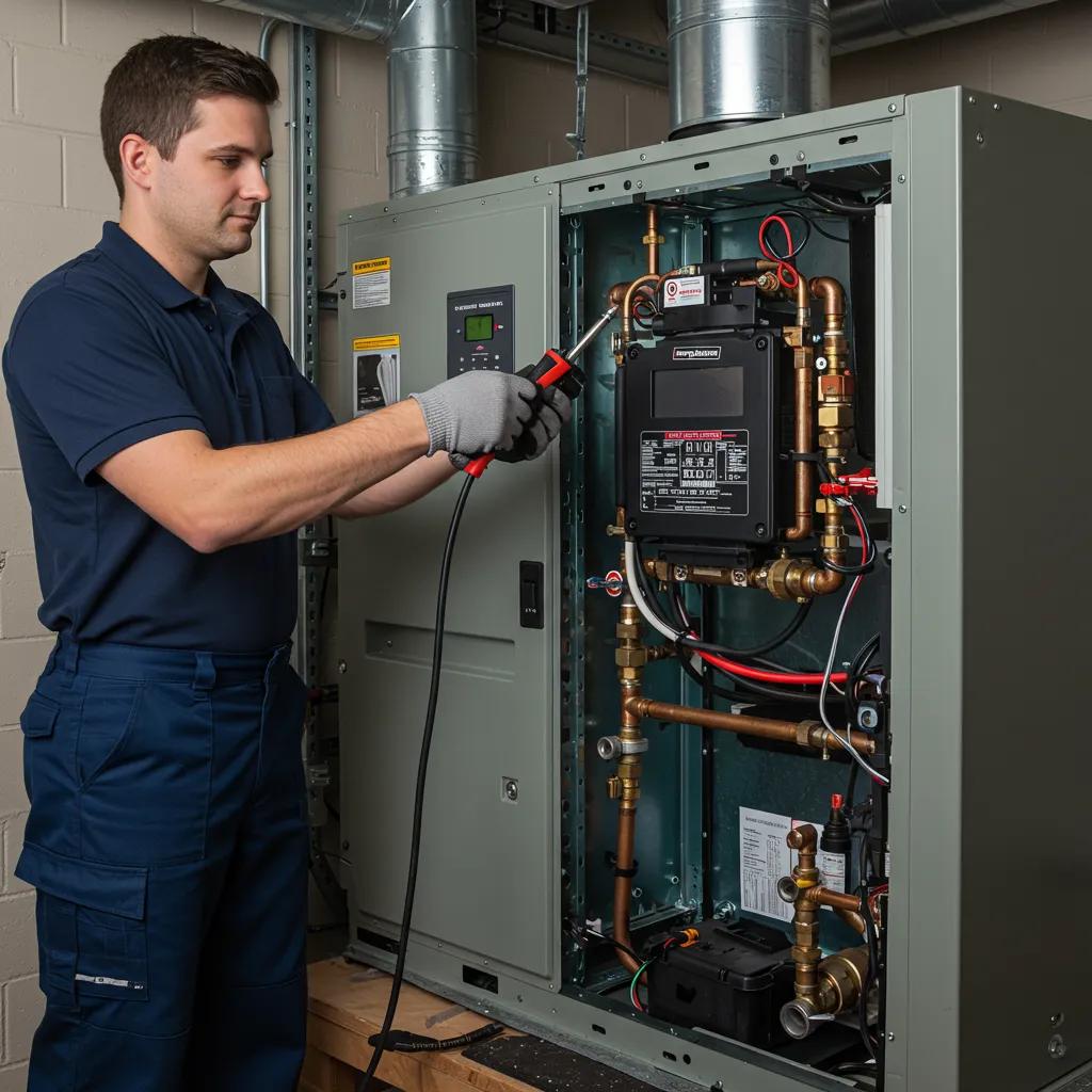 HVAC technician performing maintenance, highlighting the importance of regular service for energy savings