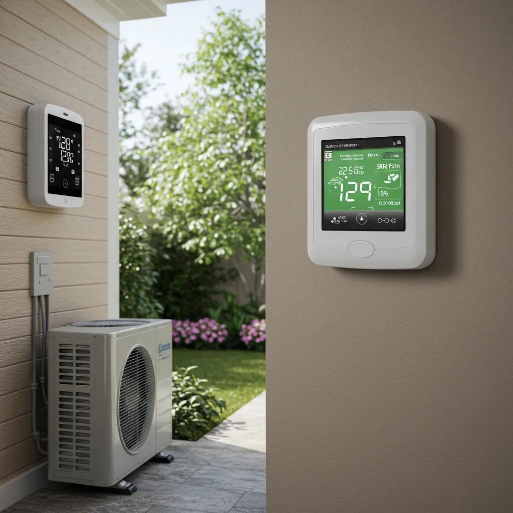 Modern HVAC system with smart thermostat in a cozy living room, emphasizing energy efficiency