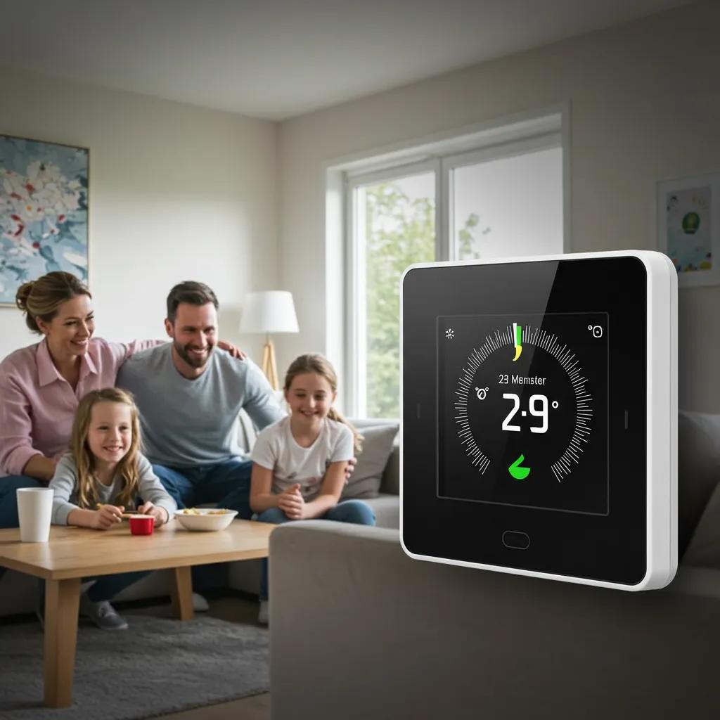 Smart thermostat in a family home, showcasing its benefits for energy management and comfort