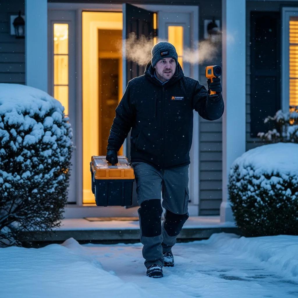Urgent Furnace & Heater Breakdown Solutions 2 Shelton's technician arriving for an emergency heater repair in winter