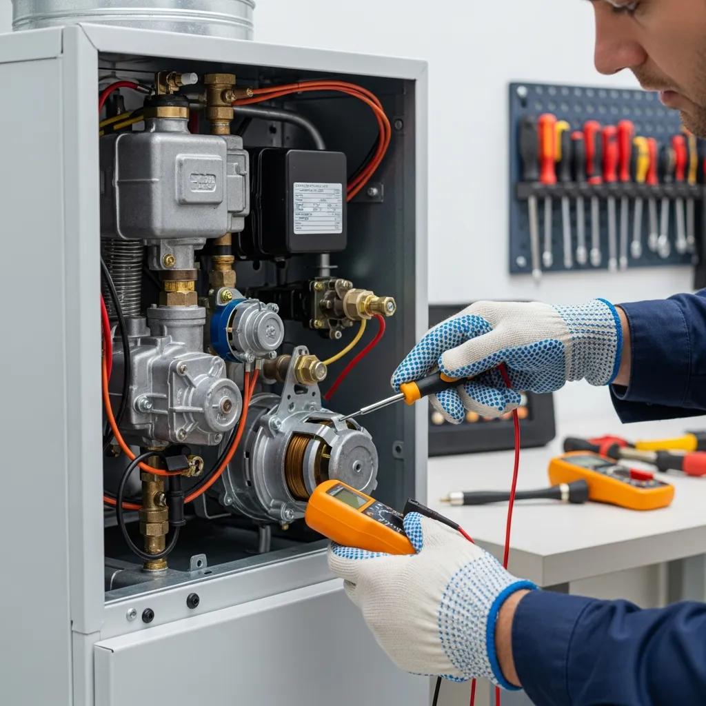 Urgent Furnace & Heater Breakdown Solutions 3 Technician performing a furnace inspection to extend system life and improve safety