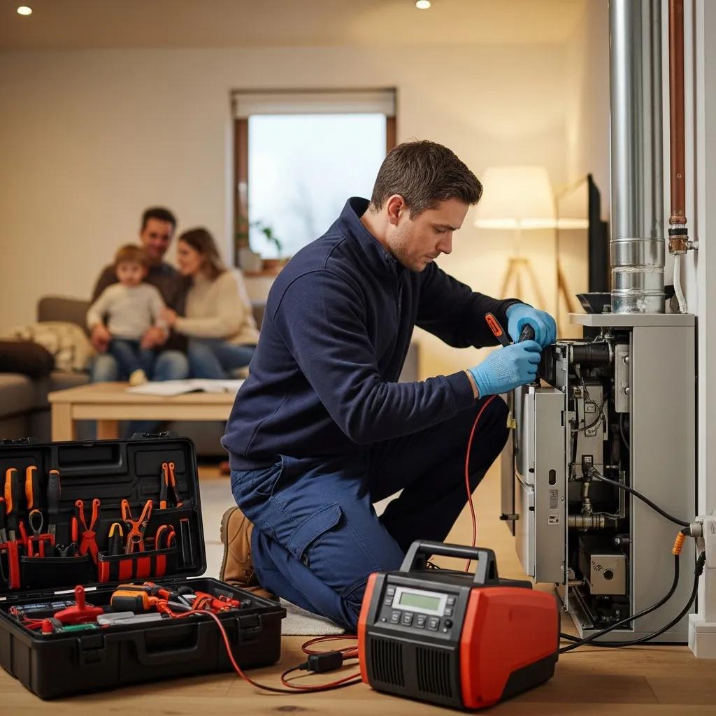Technician repairing a furnace in a cozy home, highlighting emergency heating solutions