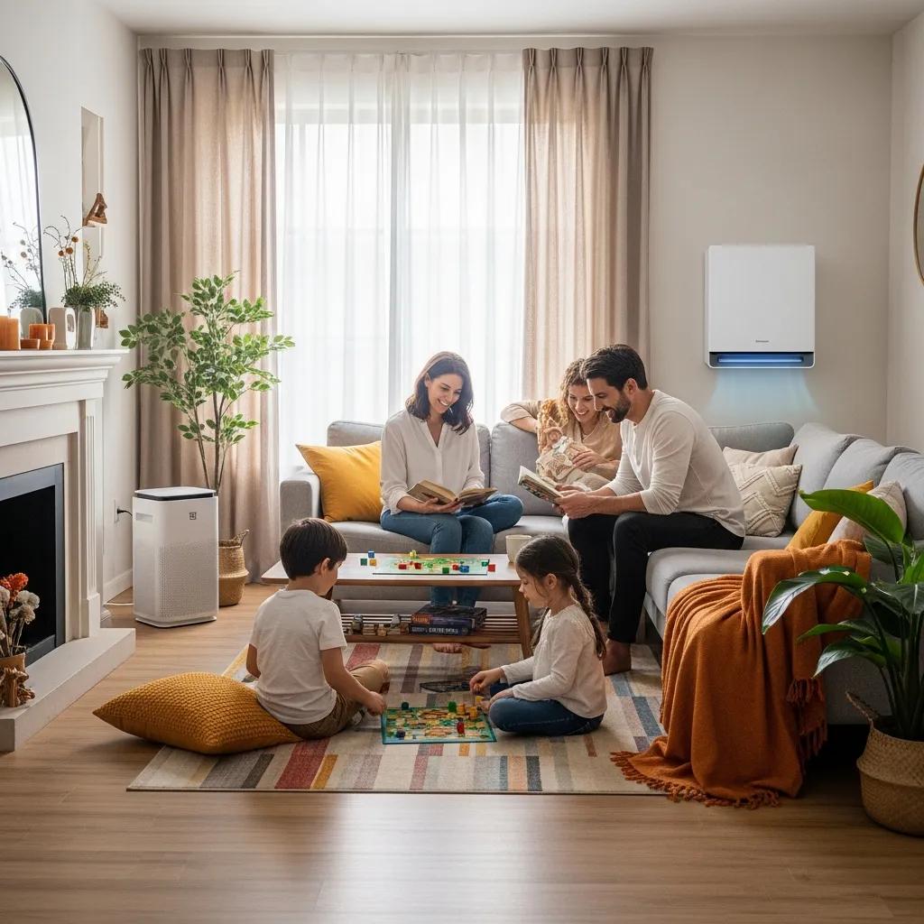 Keep Your Heat Pump Efficient Year-Round 3 Family enjoying cleaner indoor air with a heat pump and purifier