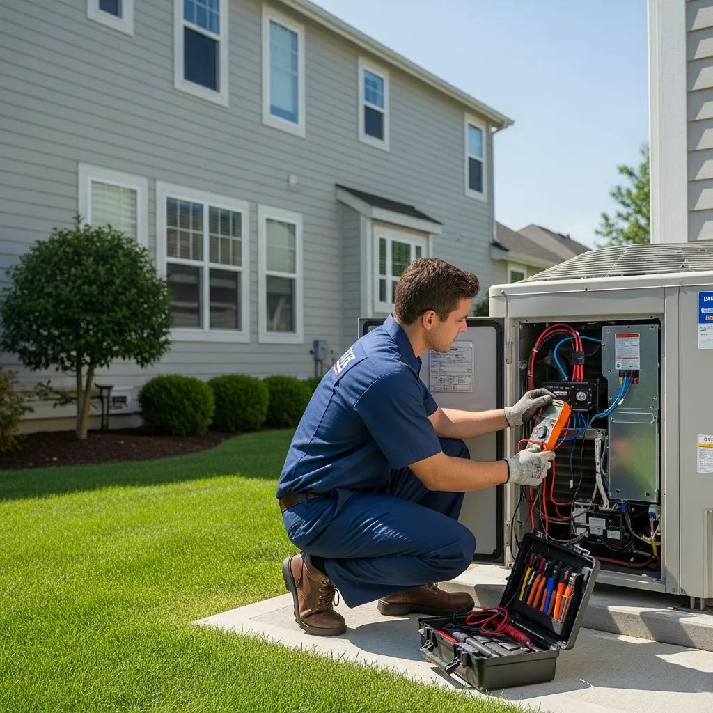 Keep Your Heat Pump Efficient Year-Round 1 Technician performing maintenance on a heat pump in a residential setting
