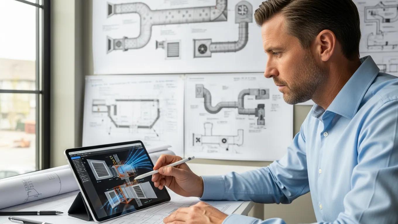 Improve Air Exchange with HVAC Ventilation 2 Engineer reviewing HVAC ductwork design for effective air exchange