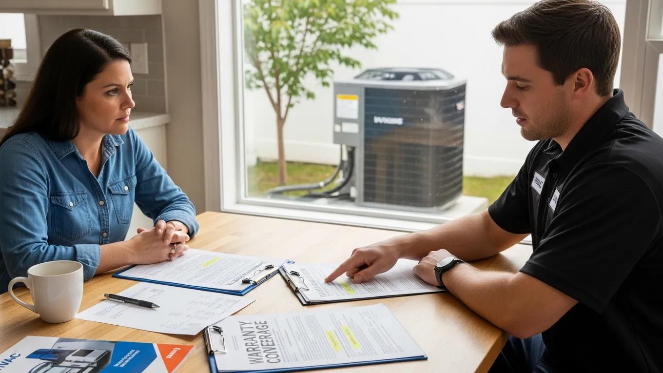 Maximize Your HVAC Warranty Coverage 1 homeowner consulting hvac professional about equipment warranty details with warranty documents and hvac unit in view e1eab663 c059 4506 b310 b6836b53384f